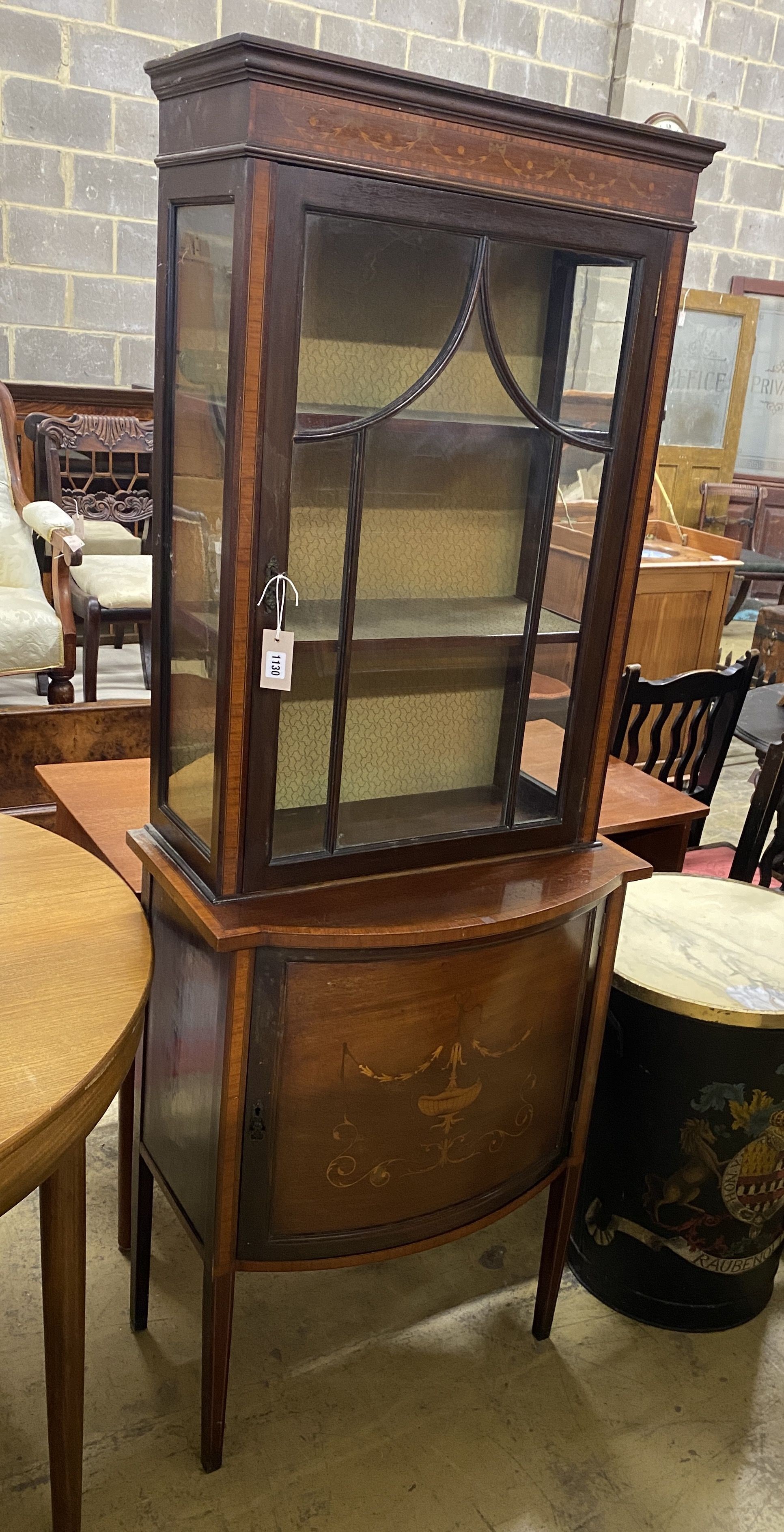 An Edwardian marquetry and satinwood banded mahogany bowfront display cabinet, width 66cm, depth 40cm, height 179cm